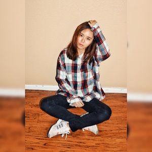 Old Navy Plaid Shirt and pants, Adidas Shoes